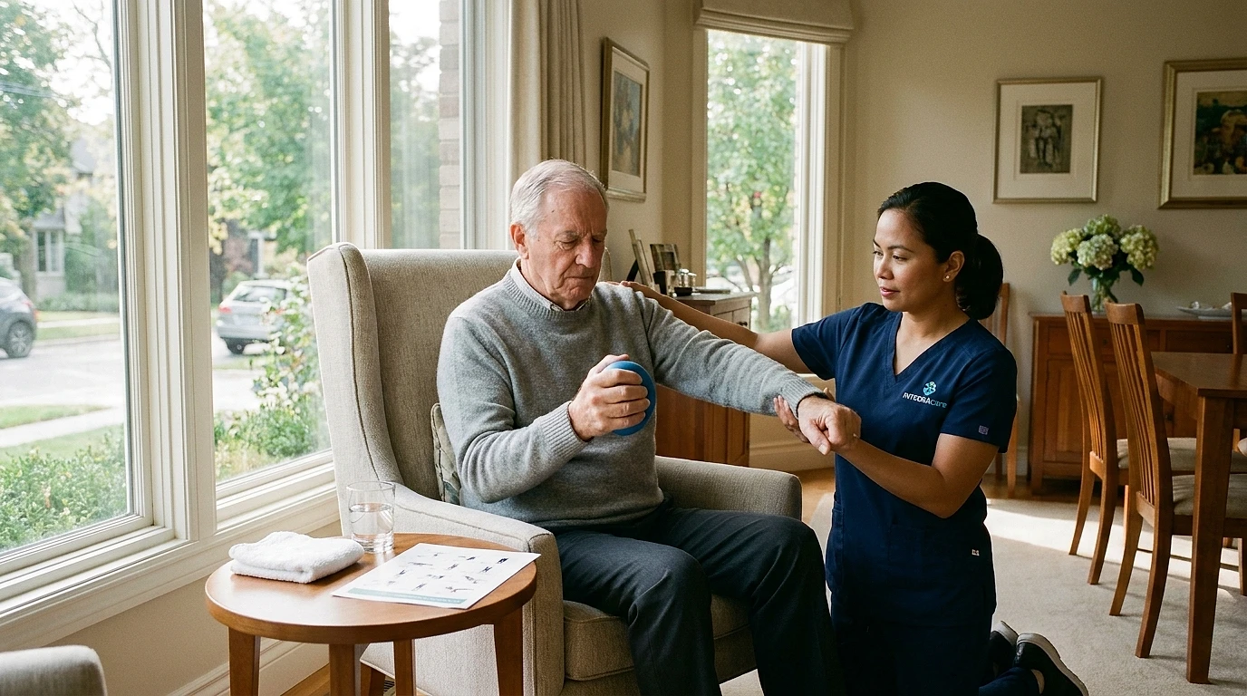 A caregiver helps a senior stroke survivor practice a hand exercise with a therapy ball in a bright, elegant living room.